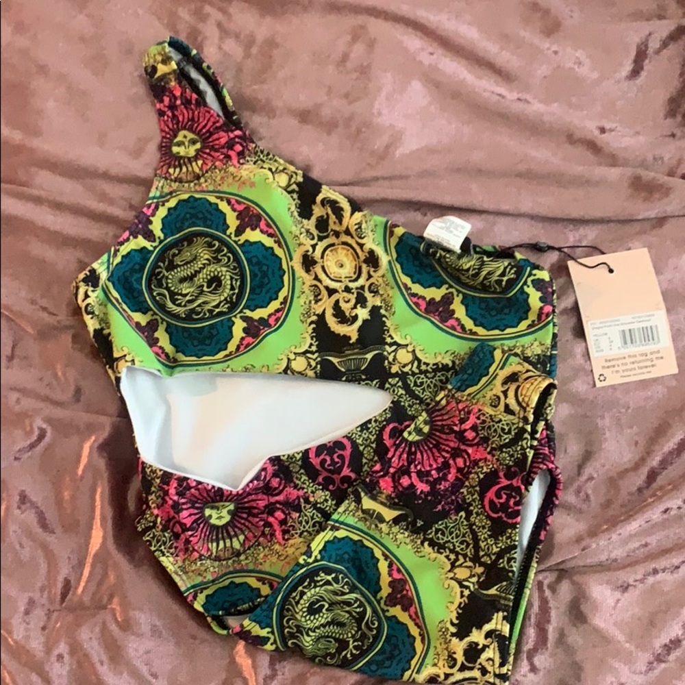 Dragon print one shoulder swimsuit